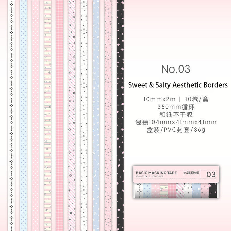 10 Rolls Basic Style Washi Tape Set - Pastel Macaron Solid Colors & Classic Grids for Journal DIY