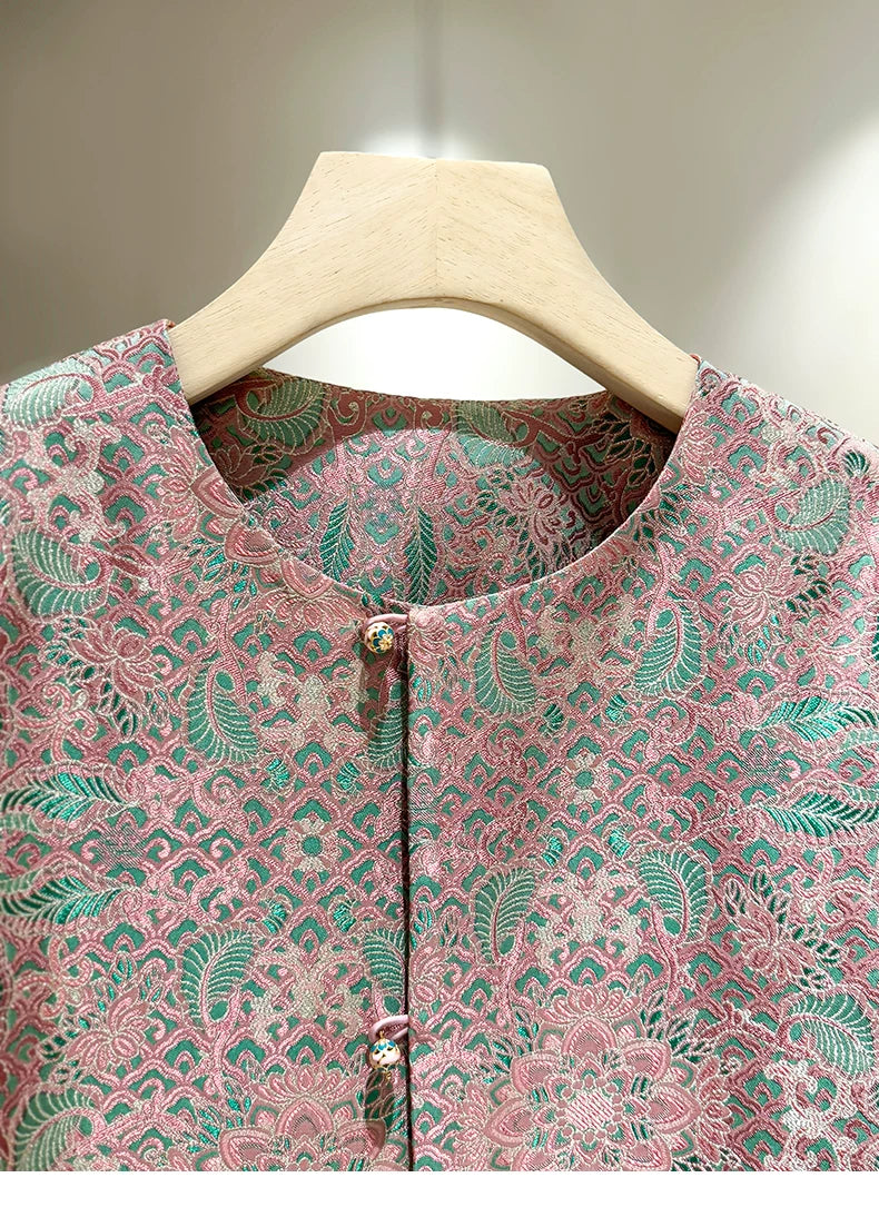 Silk Brocade New Chinese-Style Women's Coat, 2026 Spring Round-Neck Retro Fashion Loose National-Style (or ‘Oriental-Style’) Jacquard Top