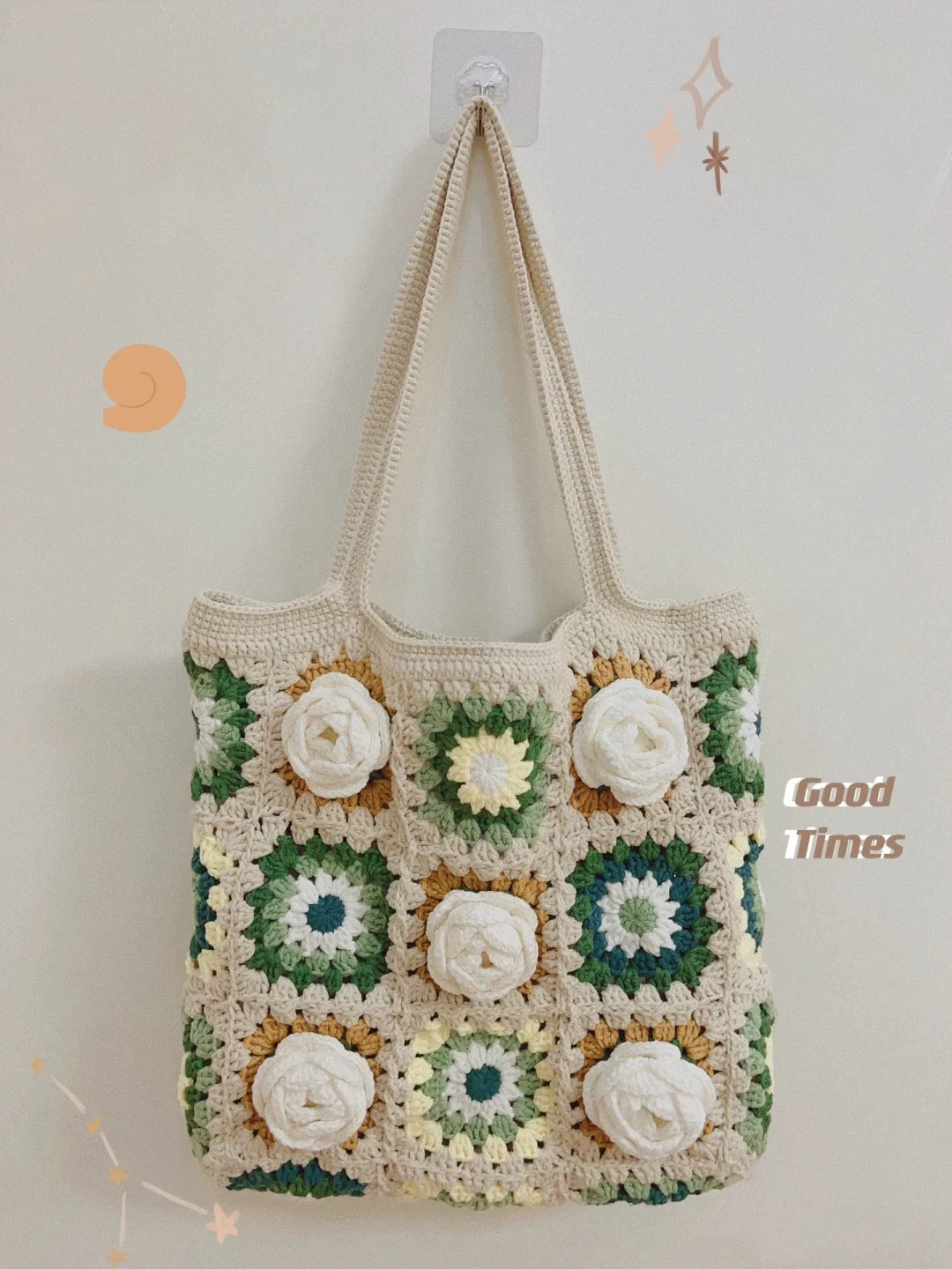Camellia Granny Square Hooked Knitting Bag Large Crochet DIY Kit as a Handmade Knitting Yarn Gift for Girlfriend's Birthday Present