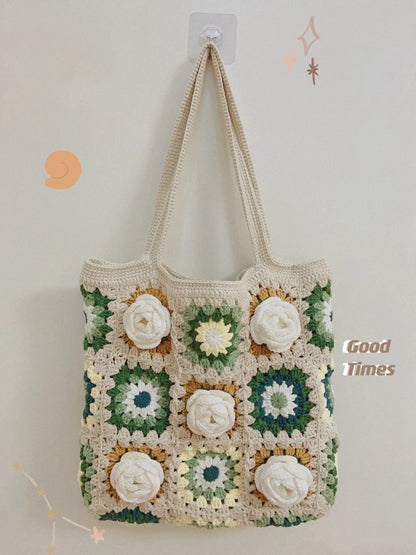 Camellia Granny Square Hooked Knitting Bag Large Crochet DIY Kit as a Handmade Knitting Yarn Gift for Girlfriend's Birthday Present