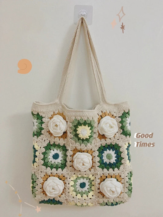 Camellia Granny Square Hooked Knitting Bag Large Crochet DIY Kit as a Handmade Knitting Yarn Gift for Girlfriend's Birthday Present