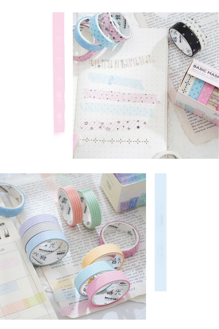 10 Rolls Basic Style Washi Tape Set - Pastel Macaron Solid Colors & Classic Grids for Journal DIY