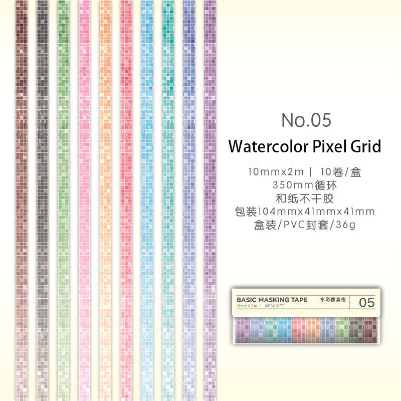 10 Rolls Basic Style Washi Tape Set - Pastel Macaron Solid Colors & Classic Grids for Journal DIY