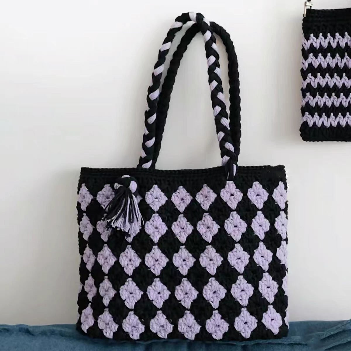 Diamond Pattern Bag - Black + Purple DIY Handmade Knitting Kit