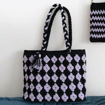 Diamond Pattern Bag - Black + Purple DIY Handmade Knitting Kit