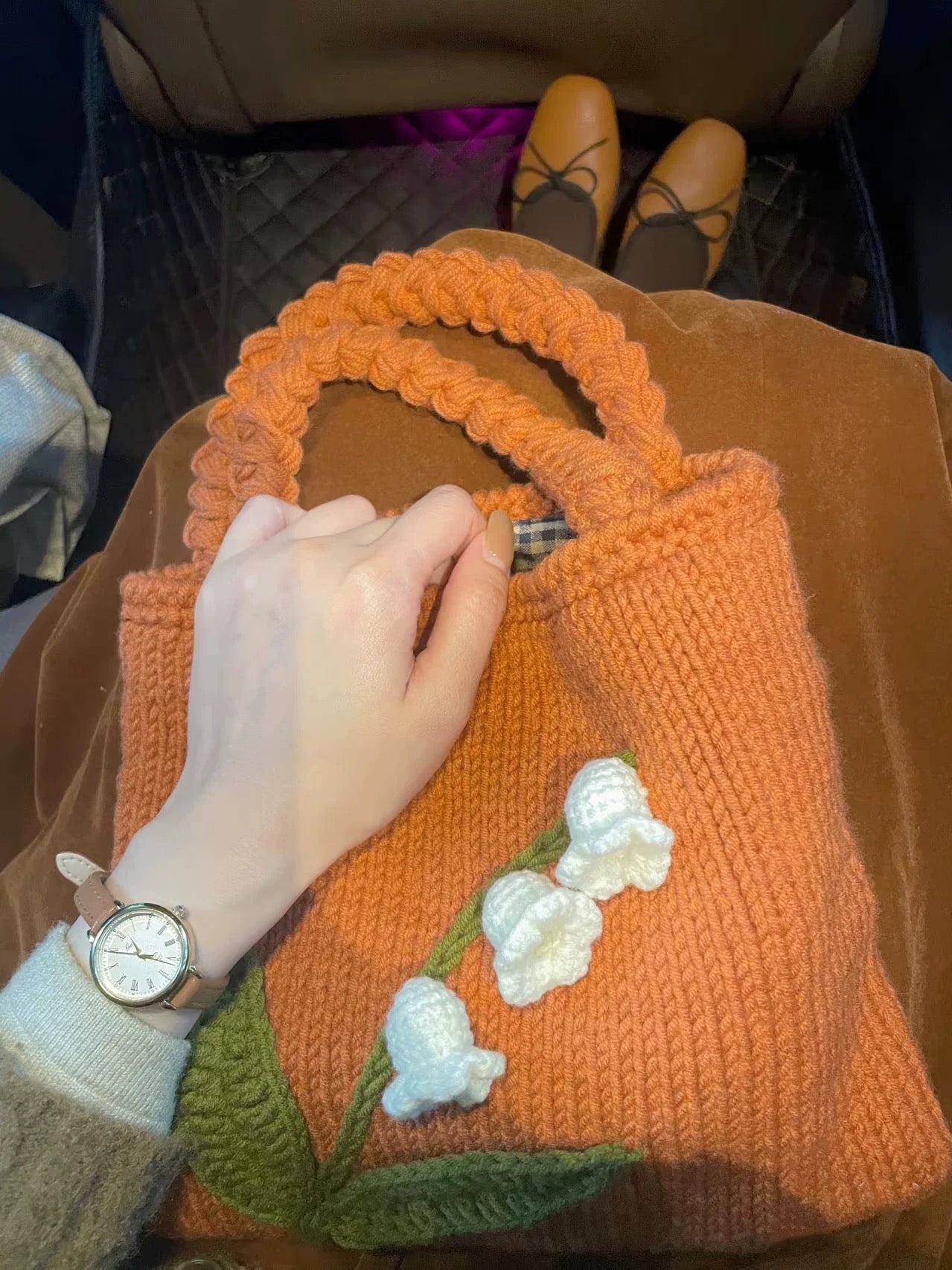 Vintage Lily of the Valley Orange Hooked Bag with Lining + Magnetic Buckle + Tools + Tutorial