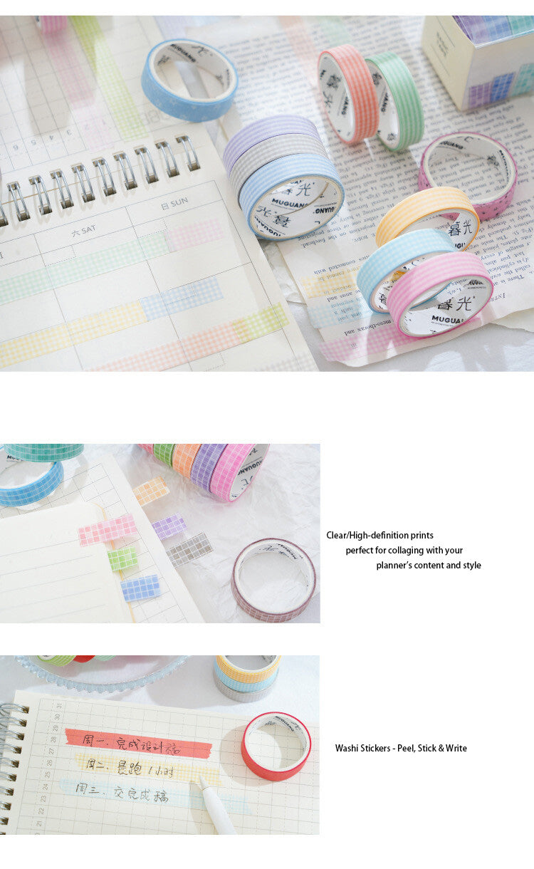 10 Rolls Basic Style Washi Tape Set - Pastel Macaron Solid Colors & Classic Grids for Journal DIY