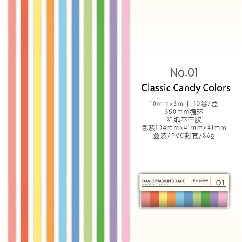10 Rolls Basic Style Washi Tape Set - Pastel Macaron Solid Colors & Classic Grids for Journal DIY