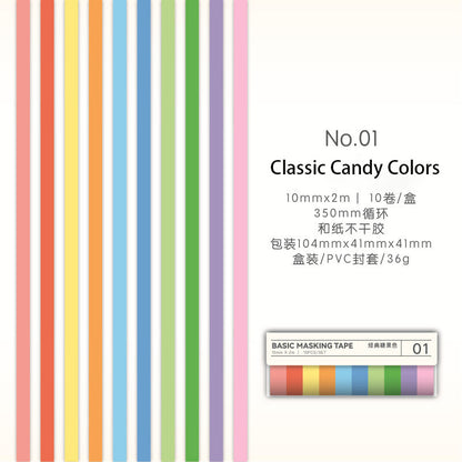 10 Rolls Basic Style Washi Tape Set - Pastel Macaron Solid Colors & Classic Grids for Journal DIY