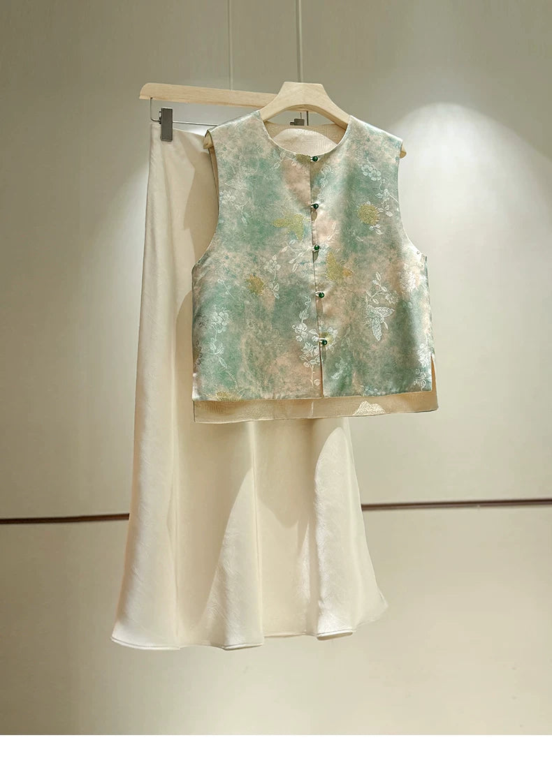 Elegant Chinese-Style Double-Sided重磅Brocade Silk Vest for Women, 2025 Summer, High-Quality Mulberry Silk Round Neck, Noble & Charming