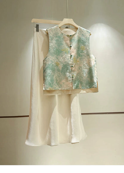Elegant Chinese-Style Double-Sided重磅Brocade Silk Vest for Women, 2025 Summer, High-Quality Mulberry Silk Round Neck, Noble & Charming