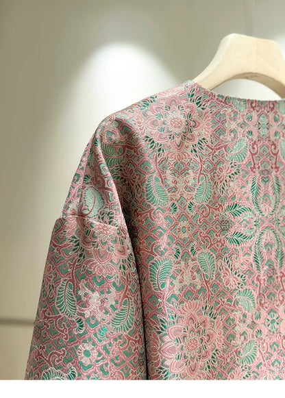 ‌Silk Brocade New Chinese-Style Women's Coat, 2026 Spring Round-Neck Retro Fashion Loose National-Style (or ‘Oriental-Style’) Jacquard Top