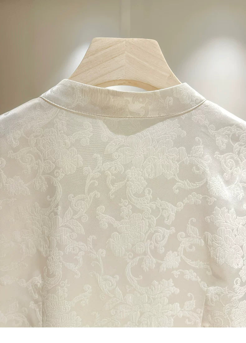 Elegant Chinese-Inspired Summer Set: Waist-Defining Diagonal Top & Jacquard Midi Skirt