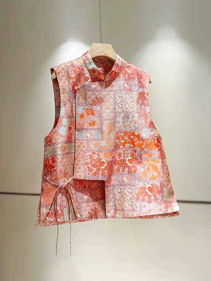 ‌Vintage-Inspired Silk Two-Piece Set‌ Mandarin Collar Shirt + Vest with Frog Closures (Spring 2026 Collection)