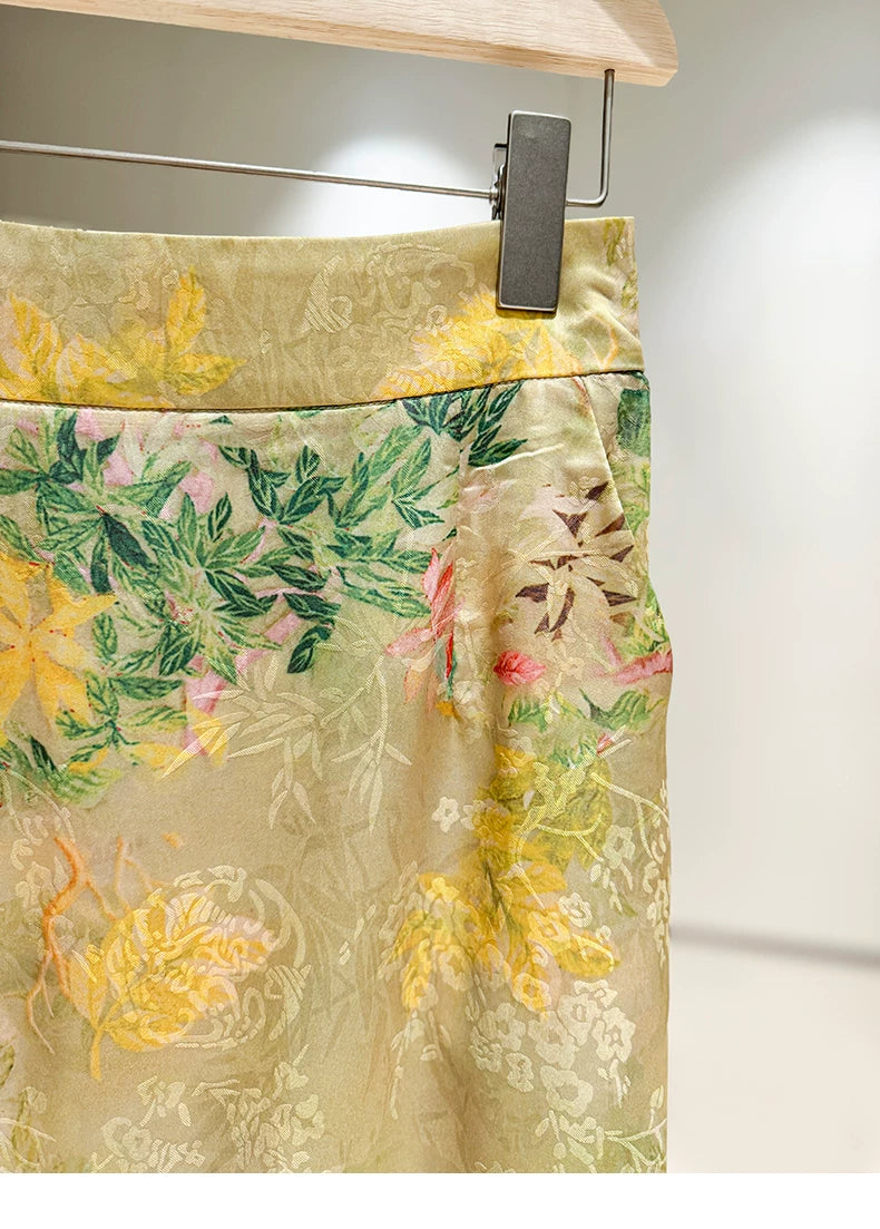 Elegant Chinese-Inspired Summer Set: Waist-Defining Diagonal Top & Jacquard Midi Skirt