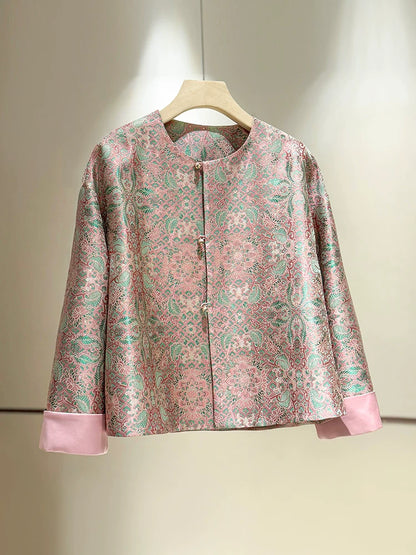 ‌Silk Brocade New Chinese-Style Women's Coat, 2026 Spring Round-Neck Retro Fashion Loose National-Style (or ‘Oriental-Style’) Jacquard Top