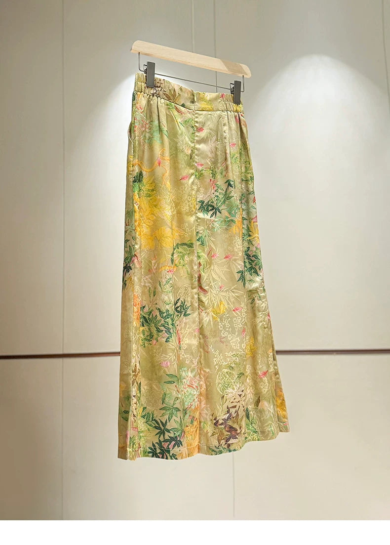 Elegant Chinese-Inspired Summer Set: Waist-Defining Diagonal Top & Jacquard Midi Skirt