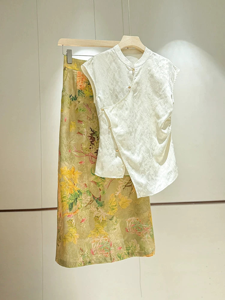 Elegant Chinese-Inspired Summer Set: Waist-Defining Diagonal Top & Jacquard Midi Skirt