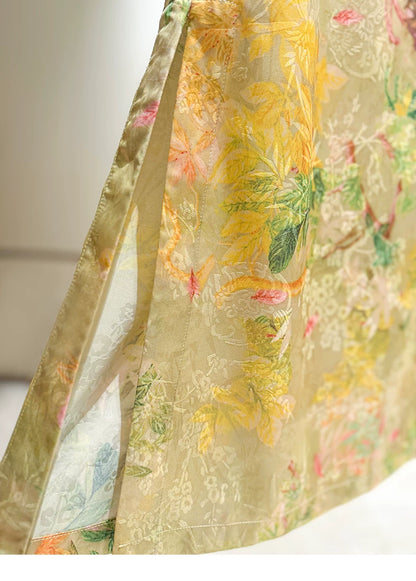 Elegant Chinese-Inspired Summer Set: Waist-Defining Diagonal Top & Jacquard Midi Skirt
