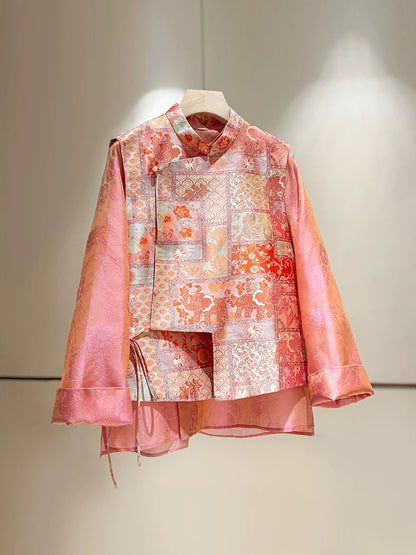 ‌Vintage-Inspired Silk Two-Piece Set‌ Mandarin Collar Shirt + Vest with Frog Closures (Spring 2026 Collection)