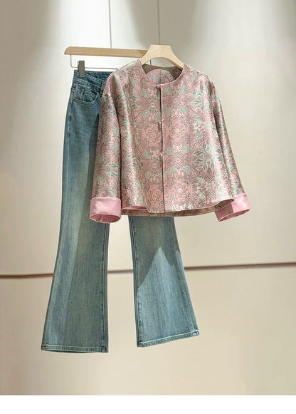 ‌Silk Brocade New Chinese-Style Women's Coat, 2026 Spring Round-Neck Retro Fashion Loose National-Style (or ‘Oriental-Style’) Jacquard Top