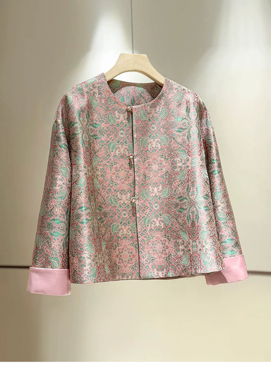 ‌Silk Brocade New Chinese-Style Women's Coat, 2026 Spring Round-Neck Retro Fashion Loose National-Style (or ‘Oriental-Style’) Jacquard Top