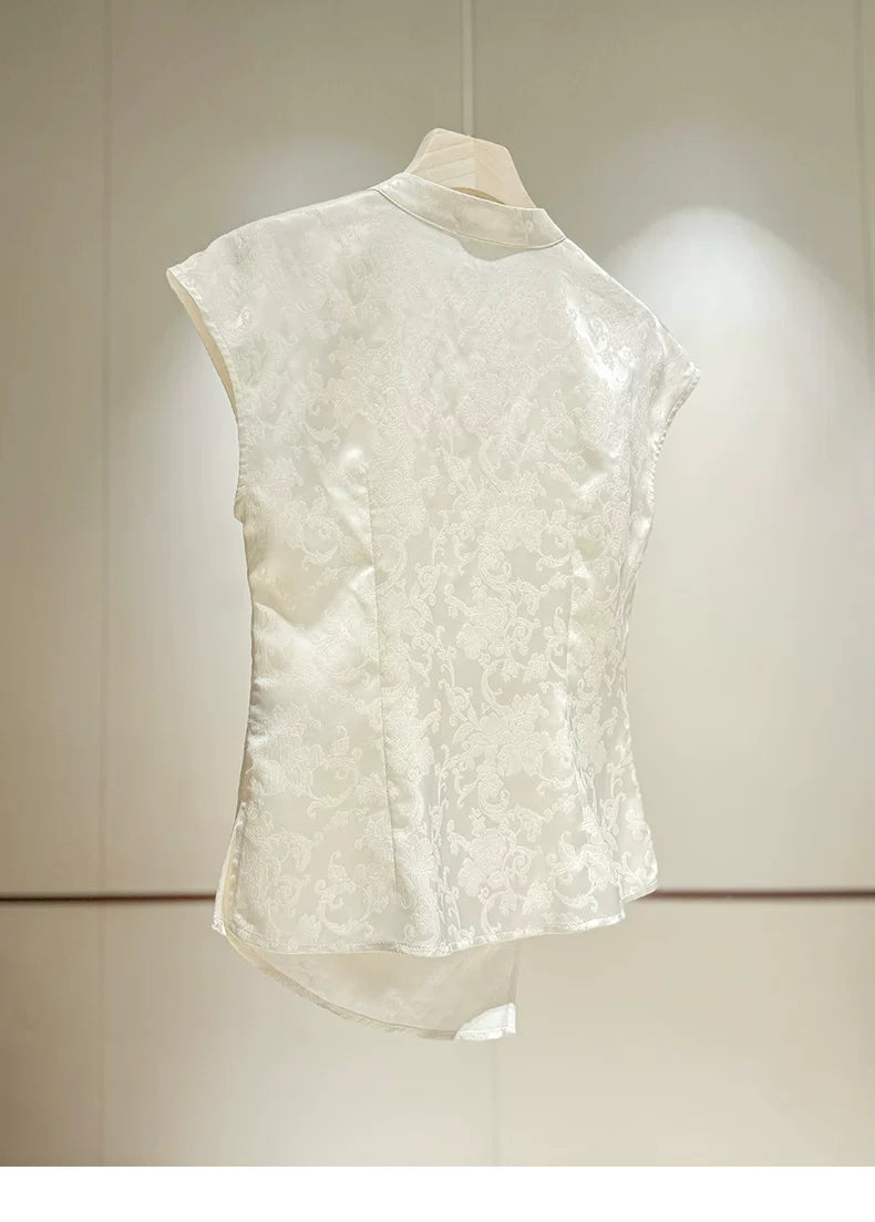 Elegant Chinese-Inspired Summer Set: Waist-Defining Diagonal Top & Jacquard Midi Skirt