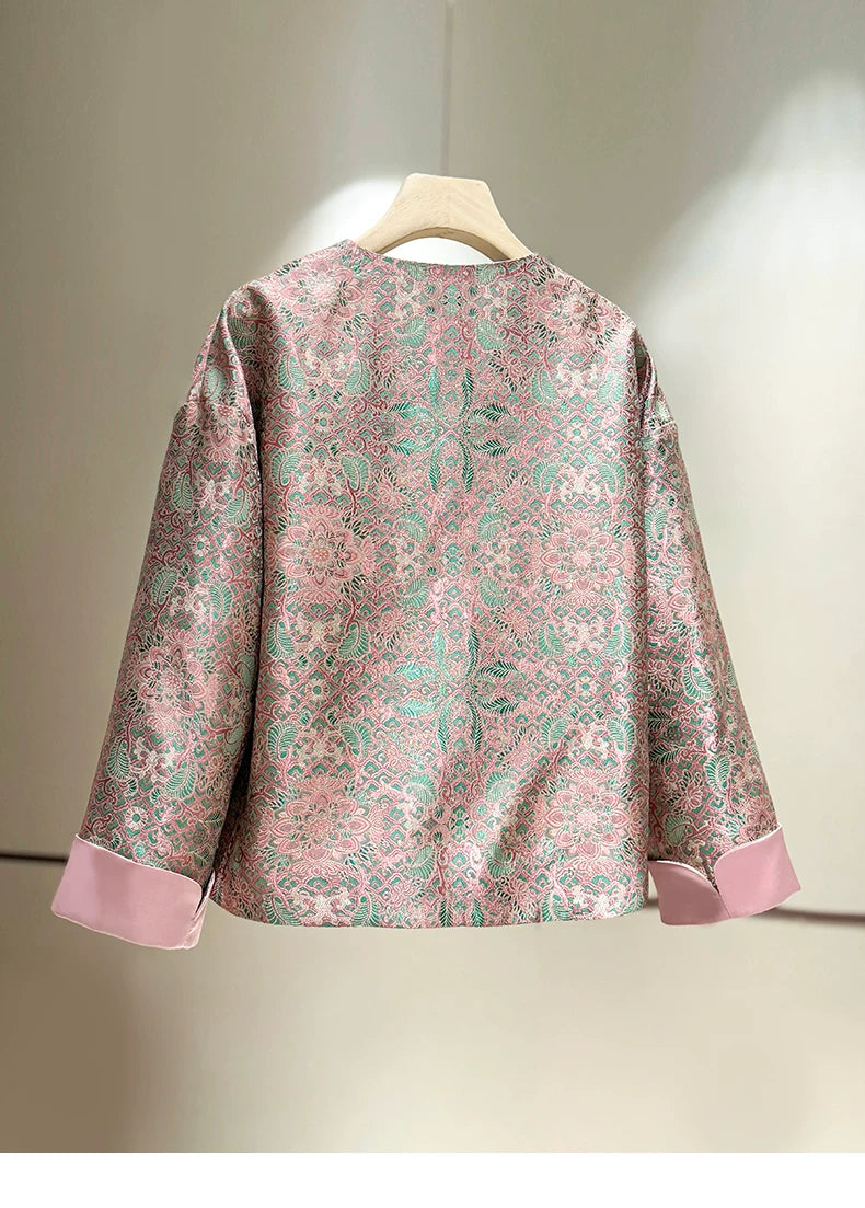 ‌Silk Brocade New Chinese-Style Women's Coat, 2026 Spring Round-Neck Retro Fashion Loose National-Style (or ‘Oriental-Style’) Jacquard Top