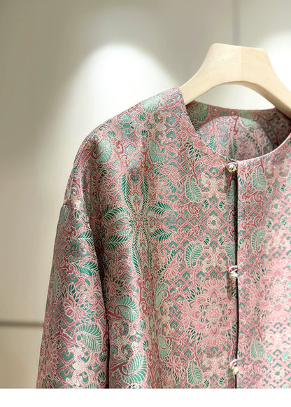 ‌Silk Brocade New Chinese-Style Women's Coat, 2026 Spring Round-Neck Retro Fashion Loose National-Style (or ‘Oriental-Style’) Jacquard Top