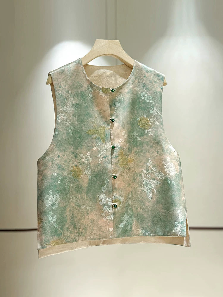 Elegant Chinese-Style Double-Sided重磅Brocade Silk Vest for Women, 2025 Summer, High-Quality Mulberry Silk Round Neck, Noble & Charming