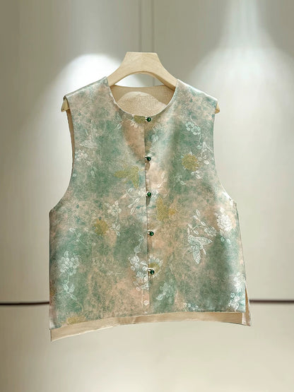 Elegant Chinese-Style Double-Sided重磅Brocade Silk Vest for Women, 2025 Summer, High-Quality Mulberry Silk Round Neck, Noble & Charming