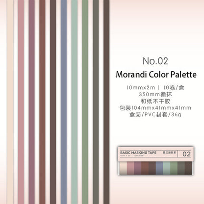 10 Rolls Basic Style Washi Tape Set - Pastel Macaron Solid Colors & Classic Grids for Journal DIY