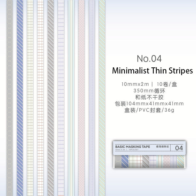 10 Rolls Basic Style Washi Tape Set - Pastel Macaron Solid Colors & Classic Grids for Journal DIY