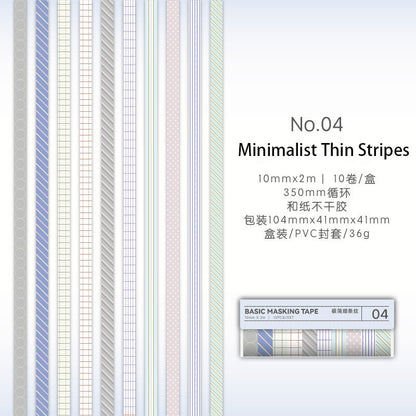 10 Rolls Basic Style Washi Tape Set - Pastel Macaron Solid Colors & Classic Grids for Journal DIY