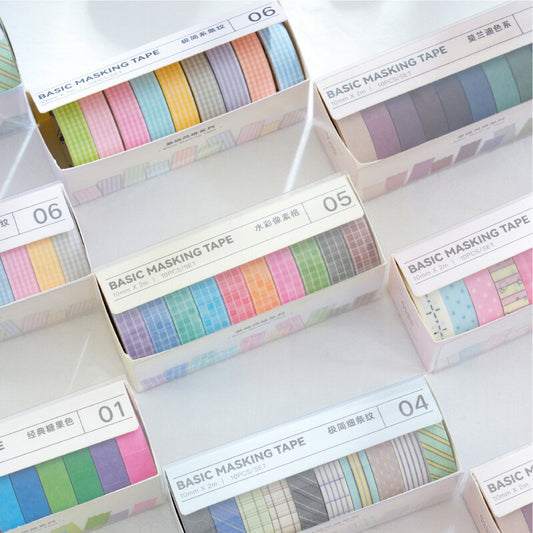 10 Rolls Basic Style Washi Tape Set - Pastel Macaron Solid Colors & Classic Grids for Journal DIY