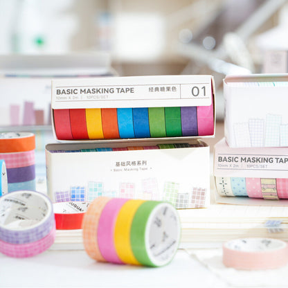 10 Rolls Basic Style Washi Tape Set - Pastel Macaron Solid Colors & Classic Grids for Journal DIY