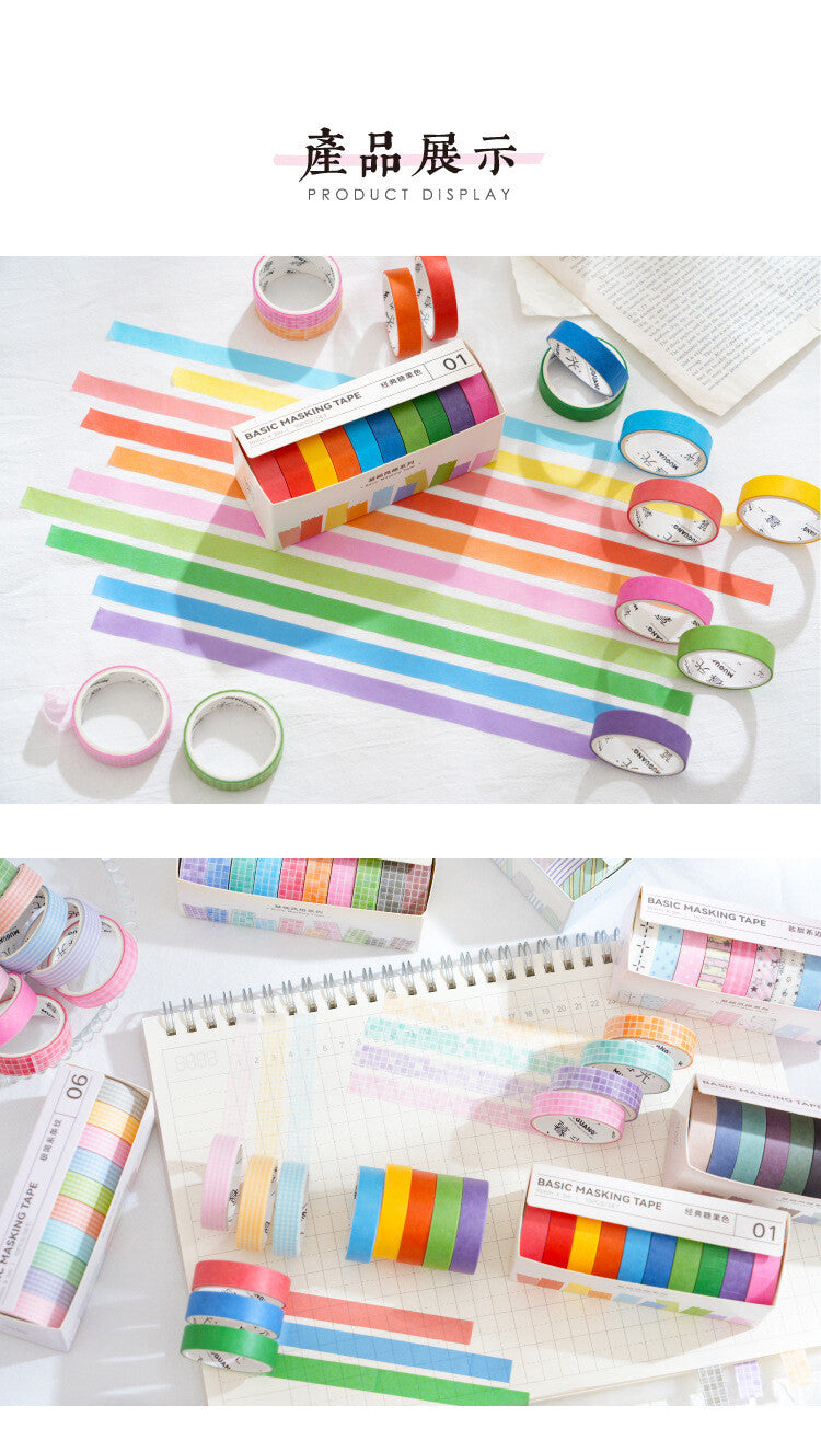 10 Rolls Basic Style Washi Tape Set - Pastel Macaron Solid Colors & Classic Grids for Journal DIY