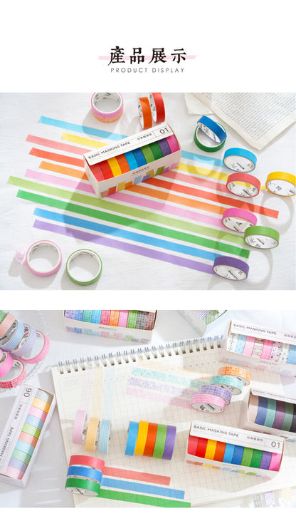 10 Rolls Basic Style Washi Tape Set - Pastel Macaron Solid Colors & Classic Grids for Journal DIY
