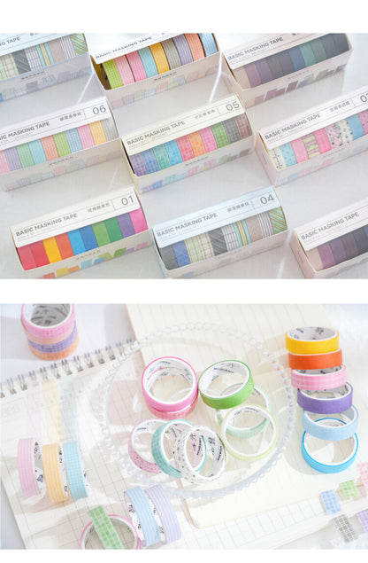 10 Rolls Basic Style Washi Tape Set - Pastel Macaron Solid Colors & Classic Grids for Journal DIY