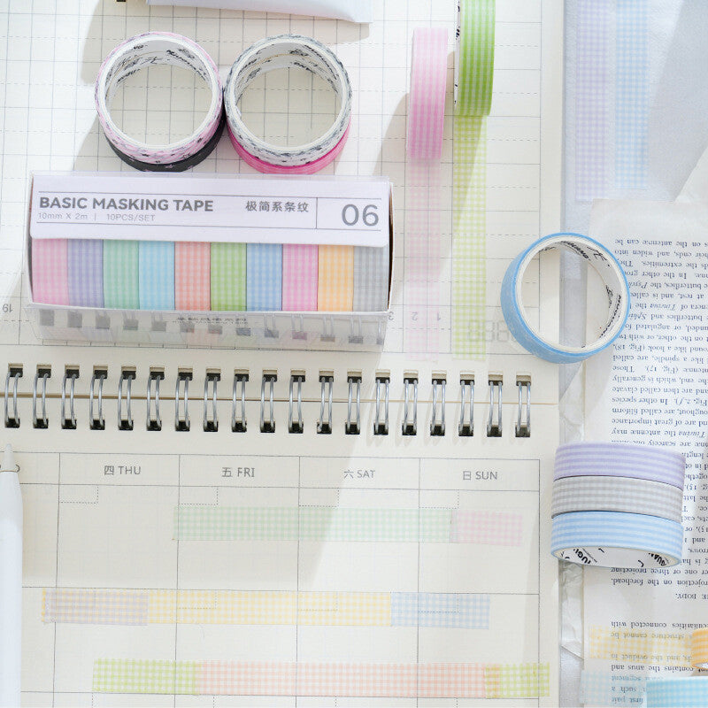 10 Rolls Basic Style Washi Tape Set - Pastel Macaron Solid Colors & Classic Grids for Journal DIY