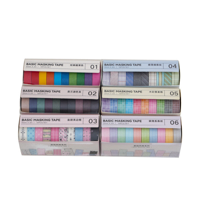 10 Rolls Basic Style Washi Tape Set - Pastel Macaron Solid Colors & Classic Grids for Journal DIY