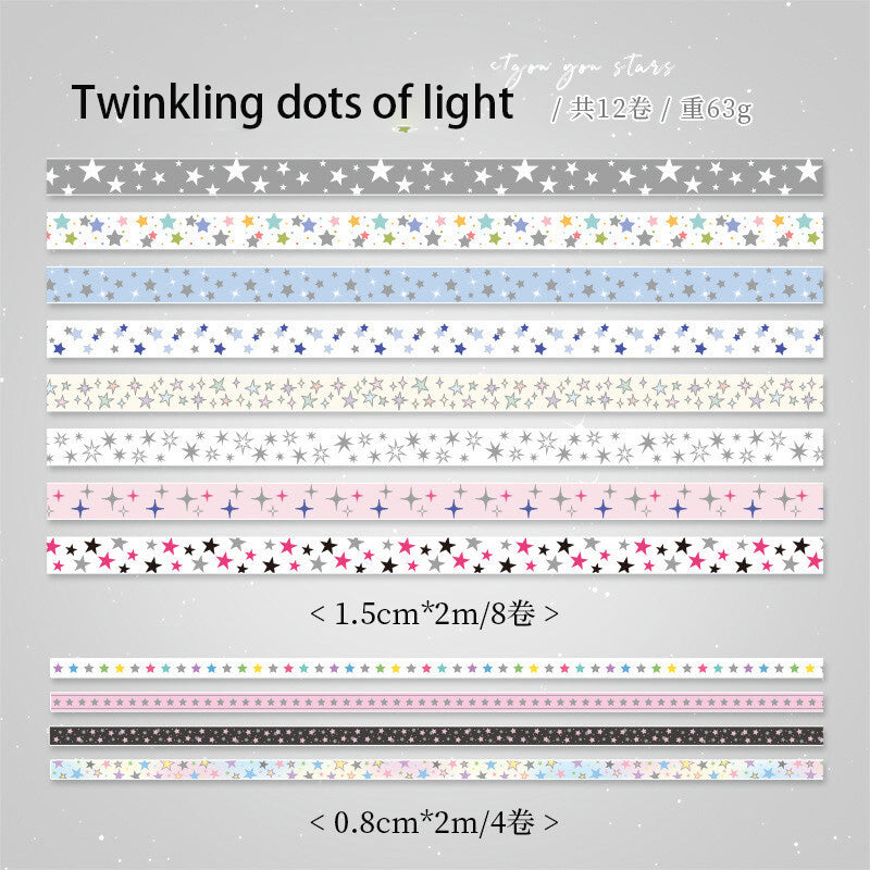 12-Roll Starry Dots Washi Tape Set – Ins Style Korean Aesthetic, Versatile for Journaling, Scrapbooking, Card Making, and Decoration