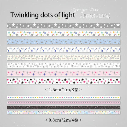12-Roll Starry Dots Washi Tape Set – Ins Style Korean Aesthetic, Versatile for Journaling, Scrapbooking, Card Making, and Decoration